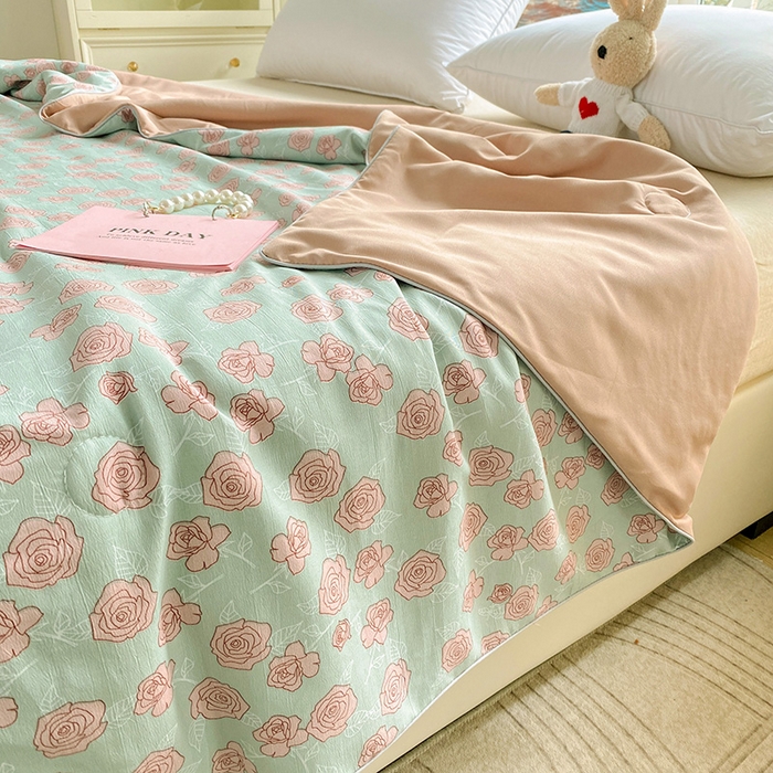 91家纺网 家纺一手货源 找家纺 畅畅家纺2023新款A类水洗棉麻双层纱夏被四件套 法式玫瑰