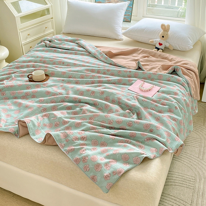 91家纺网 家纺一手货源 找家纺 畅畅家纺2023新款A类水洗棉麻双层纱夏被四件套 法式玫瑰