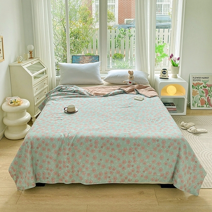 畅畅家纺2023新款A类水洗棉麻双层纱夏被四件套 法式玫瑰