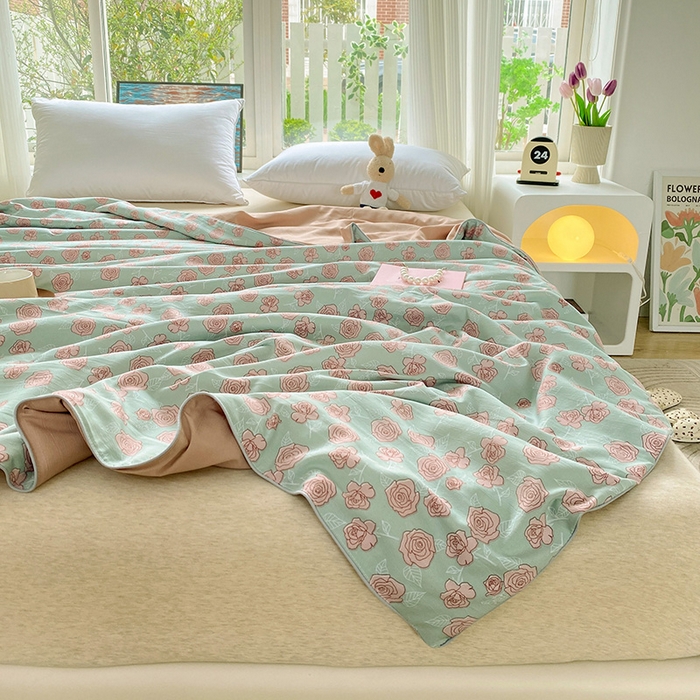 91家纺网 家纺一手货源 找家纺 畅畅家纺2023新款A类水洗棉麻双层纱夏被四件套 法式玫瑰