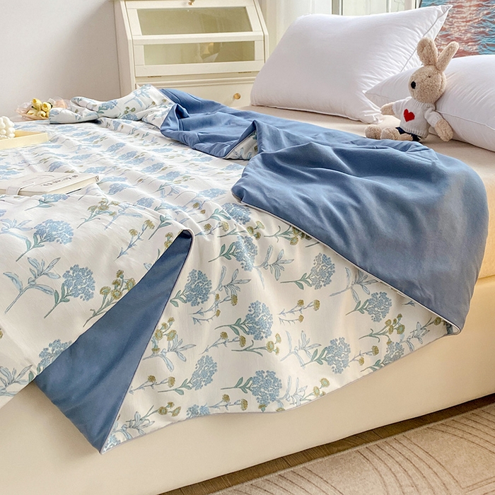 91家纺网 家纺一手货源 找家纺 畅畅家纺2023新款A类水洗棉麻双层纱夏被四件套 绿荫