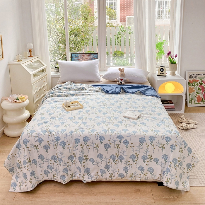 91家纺网 家纺一手货源 找家纺 畅畅家纺2023新款A类水洗棉麻双层纱夏被四件套 绿荫