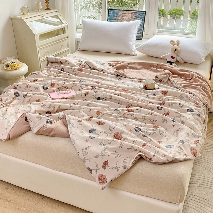 91家纺网 家纺一手货源 找家纺 畅畅家纺2023新款A类水洗棉麻双层纱夏被四件套 夕颜