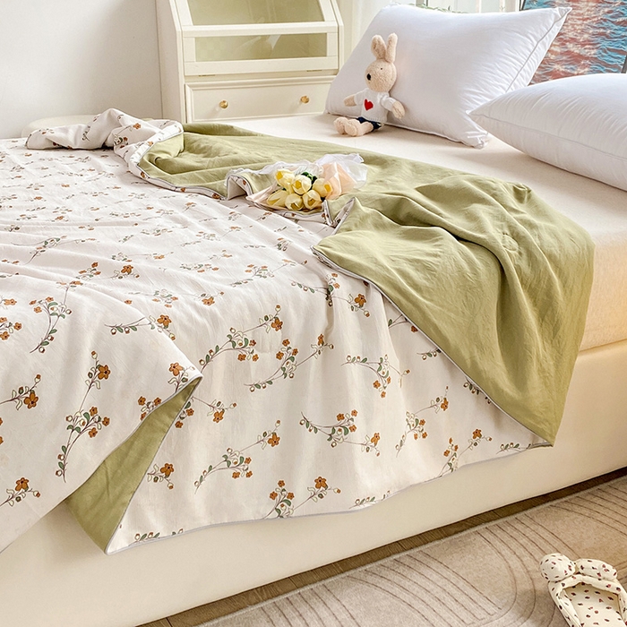 91家纺网 家纺一手货源 找家纺 畅畅家纺2023新款A类水洗棉麻双层纱夏被四件套 米果