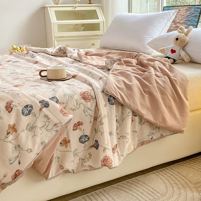 91家纺网 家纺一手货源 找家纺 畅畅家纺2023新款A类水洗棉麻双层纱夏被四件套 米果