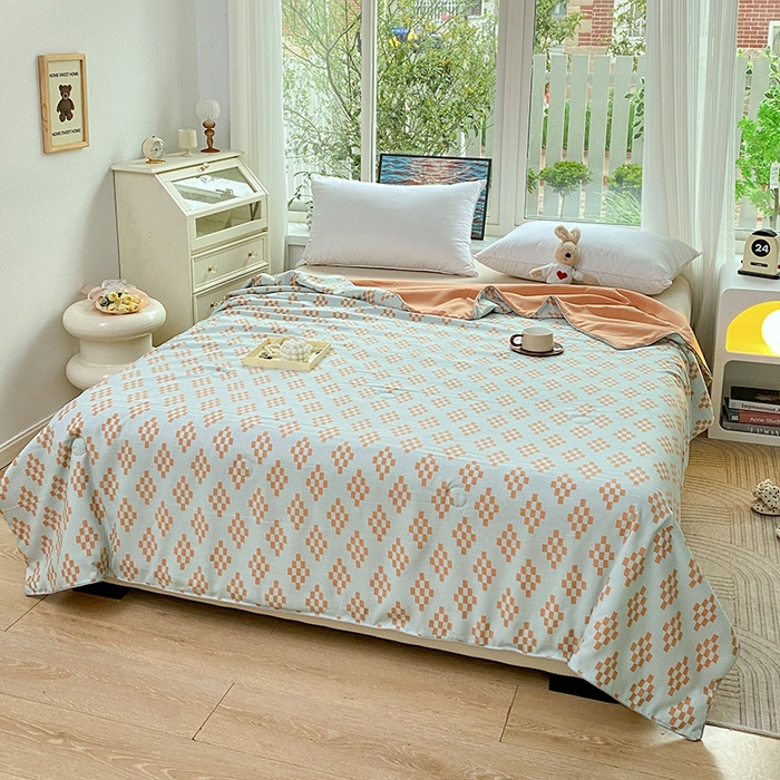 91家纺网 家纺一手货源 找家纺 畅畅家纺2023新款A类水洗棉麻双层纱夏被四件套 长方格