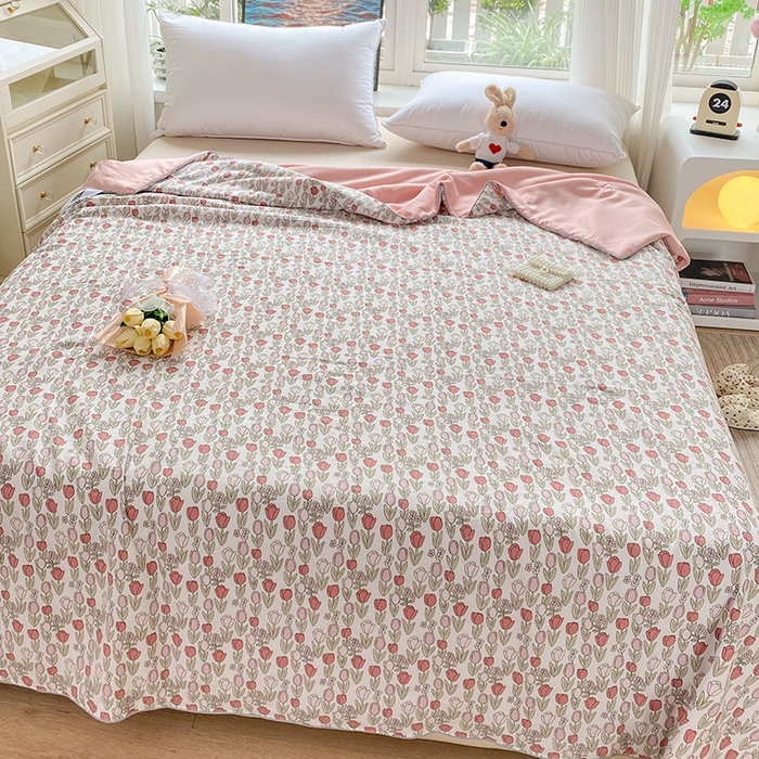 91家纺网 家纺一手货源 找家纺 畅畅家纺2023新款A类水洗棉麻双层纱夏被四件套 郁金香