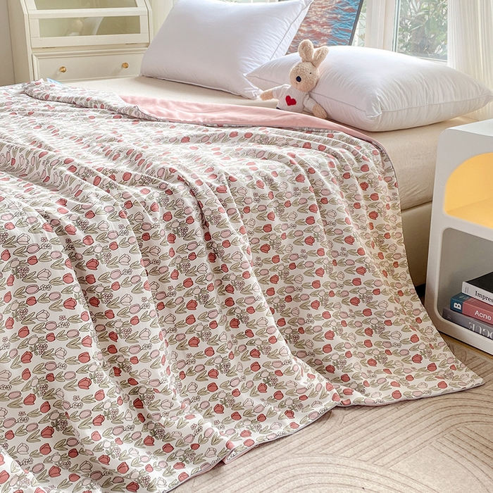 91家纺网 家纺一手货源 找家纺 畅畅家纺2023新款A类水洗棉麻双层纱夏被四件套 郁金香