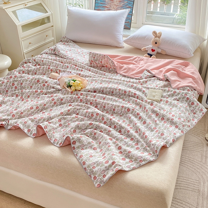 91家纺网 家纺一手货源 找家纺 畅畅家纺2023新款A类水洗棉麻双层纱夏被四件套 郁金香