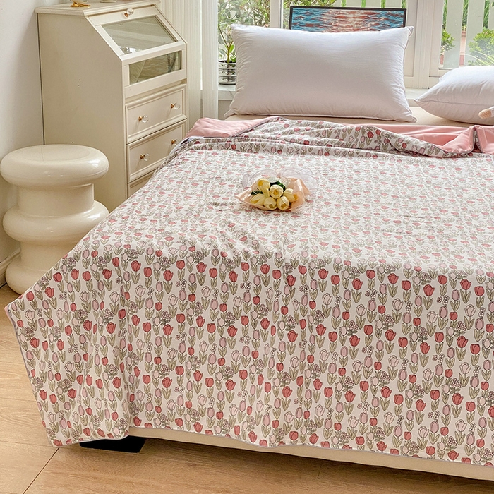 91家纺网 家纺一手货源 找家纺 畅畅家纺2023新款A类水洗棉麻双层纱夏被四件套 郁金香