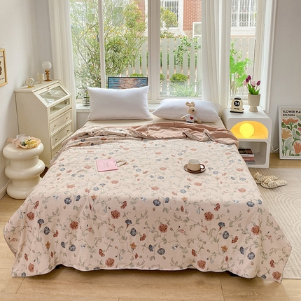 91家纺网 家纺一手货源 找家纺 畅畅家纺2023新款A类水洗棉麻双层纱夏被四件套 夕颜