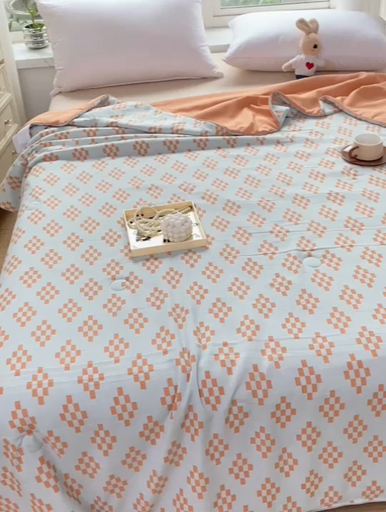 91家纺网 家纺一手货源 找家纺 畅畅家纺2023新款A类水洗棉麻双层纱夏被四件套 长方格