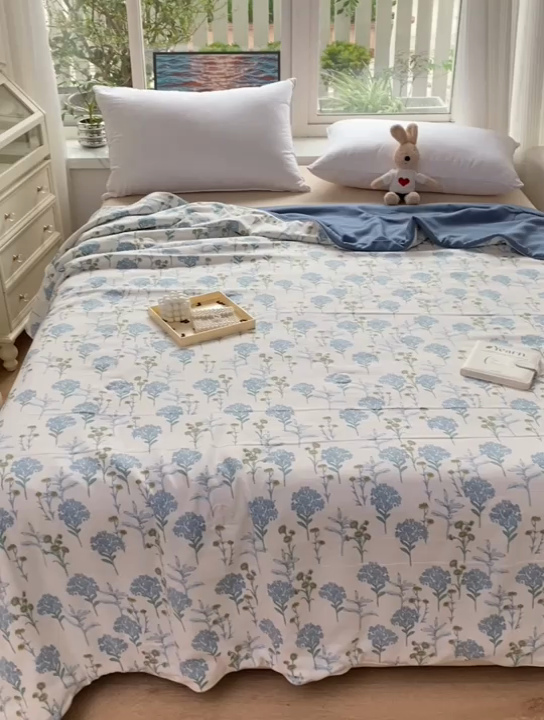 91家纺网 家纺一手货源 找家纺 畅畅家纺2023新款A类水洗棉麻双层纱夏被四件套 绿荫