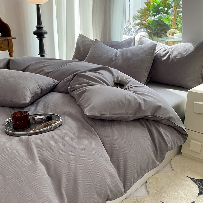 91家纺网 家纺一手货源 找家纺 澳梵家居 2023新品全棉华夫格床单单品 小方格-深灰