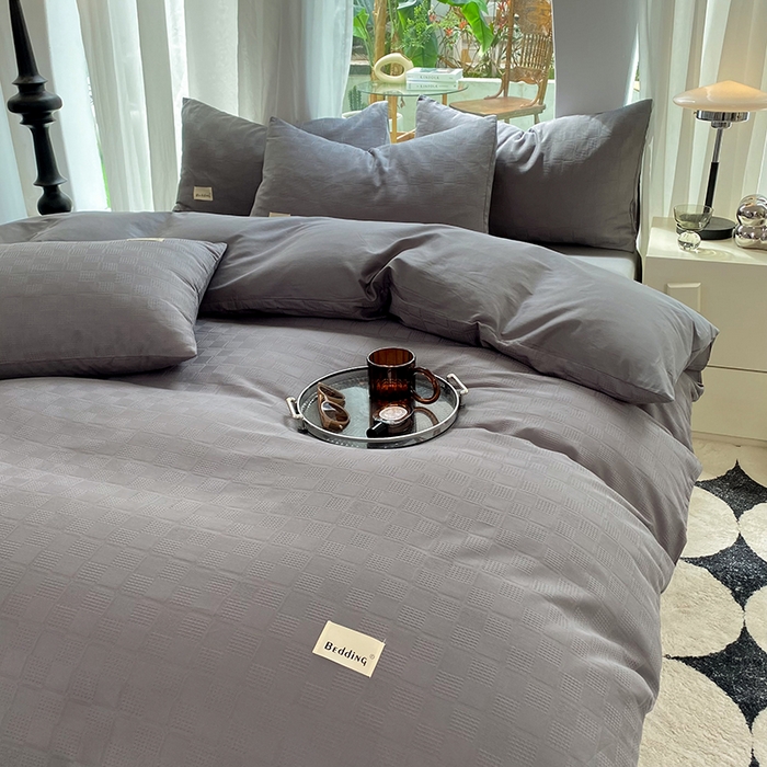 91家纺网 家纺一手货源 找家纺 澳梵家居 2023新品全棉华夫格床单单品 小方格-深灰