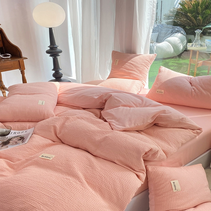 91家纺网 家纺一手货源 找家纺 澳梵家居 2023新品全棉华夫格四件套 华夫格-粉玉