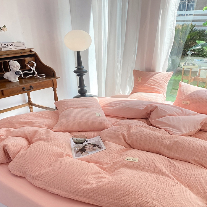 91家纺网 家纺一手货源 找家纺 澳梵家居 2023新品全棉华夫格四件套 华夫格-粉玉