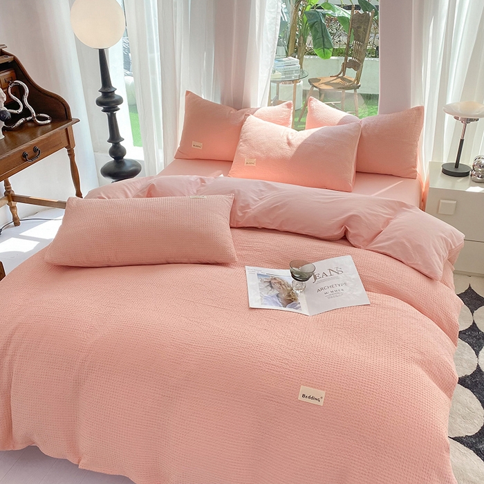 91家纺网 家纺一手货源 找家纺 澳梵家居 2023新品全棉华夫格四件套 华夫格-粉玉