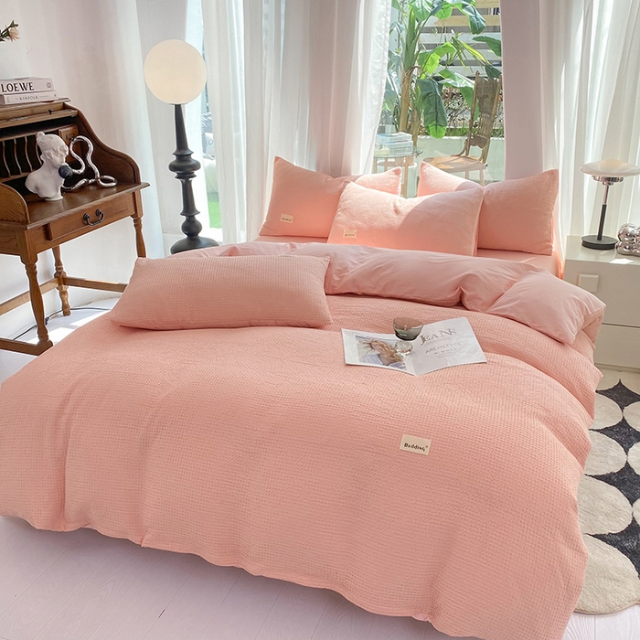 91家纺网 家纺一手货源 找家纺 澳梵家居 2023新品全棉华夫格四件套 华夫格-粉玉