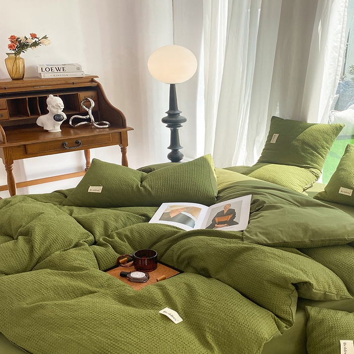 91家纺网 家纺一手货源 找家纺 澳梵家居 2023新品全棉华夫格四件套 华夫格-松绿