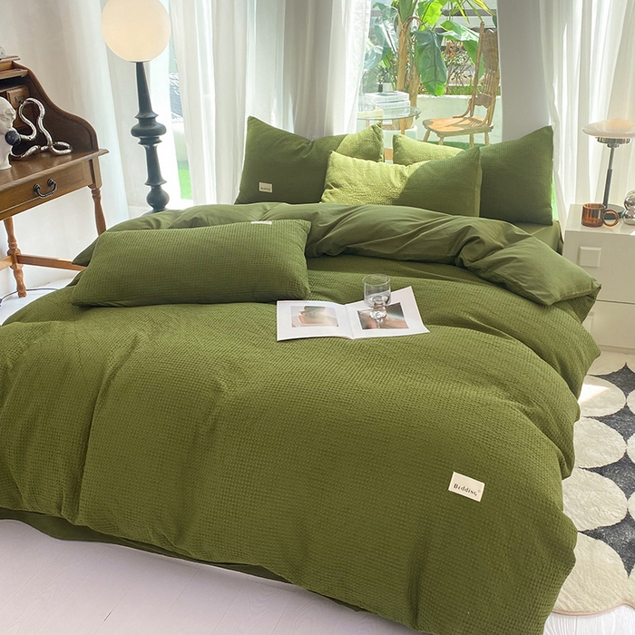 91家纺网 家纺一手货源 找家纺 澳梵家居 2023新品全棉华夫格四件套 华夫格-松绿