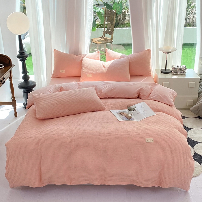 91家纺网 家纺一手货源 找家纺 澳梵家居 2023新品全棉华夫格四件套 华夫格-粉玉