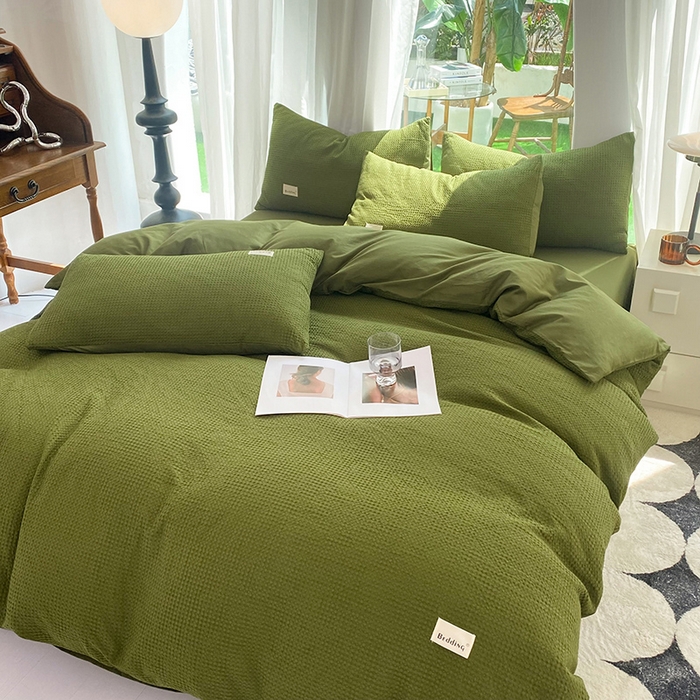 91家纺网 家纺一手货源 找家纺 澳梵家居 2023新品全棉华夫格四件套 华夫格-松绿