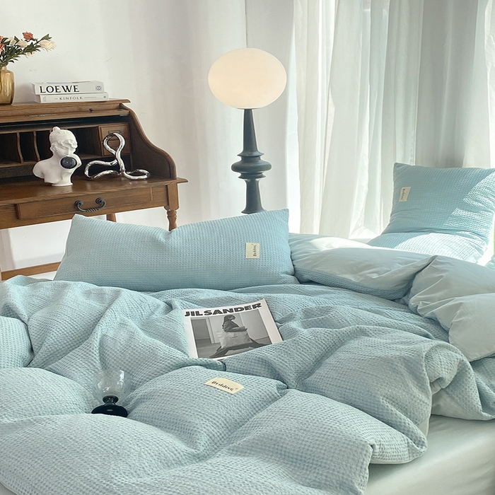 91家纺网 家纺一手货源 找家纺 澳梵家居 2023新品全棉华夫格四件套 华夫格-天蓝