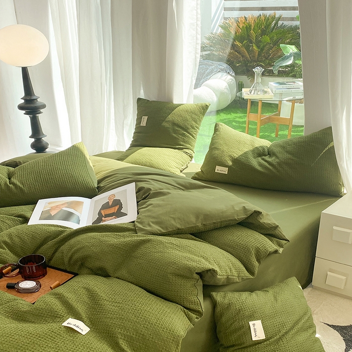 91家纺网 家纺一手货源 找家纺 澳梵家居 2023新品全棉华夫格四件套 华夫格-松绿