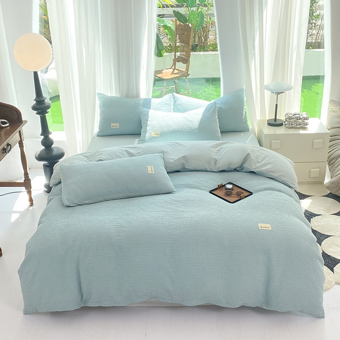 91家纺网 家纺一手货源 找家纺 澳梵家居 2023新品全棉华夫格四件套 华夫格-天蓝