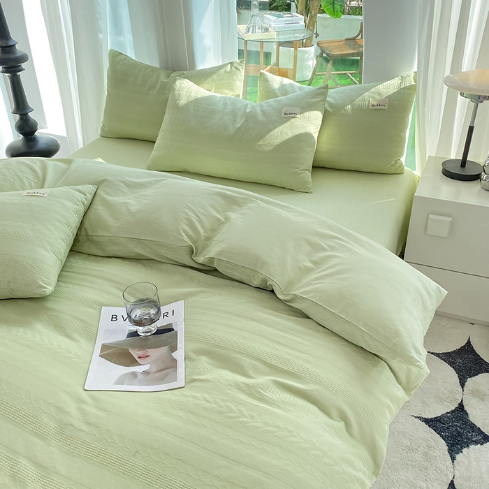 91家纺网 家纺一手货源 找家纺 澳梵家居 2023新品全棉华夫格四件套 麦穗-嫩芽绿