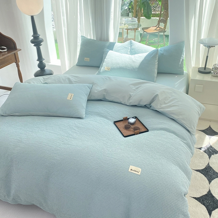 91家纺网 家纺一手货源 找家纺 澳梵家居 2023新品全棉华夫格四件套 华夫格-天蓝