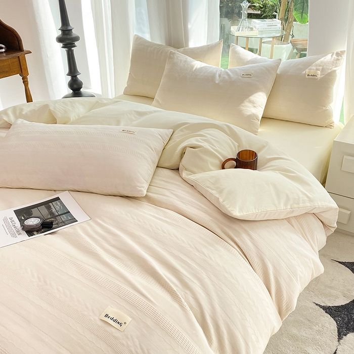 91家纺网 家纺一手货源 找家纺 澳梵家居 2023新品全棉华夫格四件套 麦穗-奶白