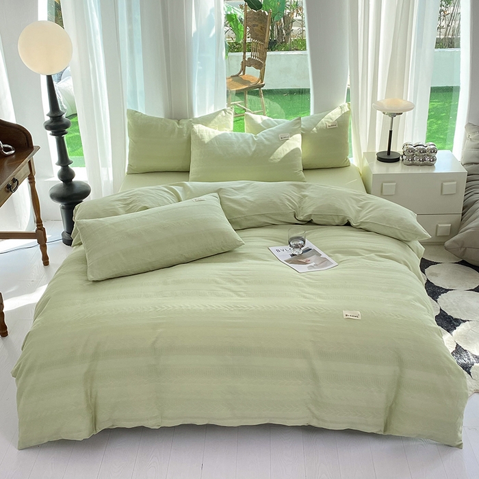 91家纺网 家纺一手货源 找家纺 澳梵家居 2023新品全棉华夫格四件套 麦穗-嫩芽绿