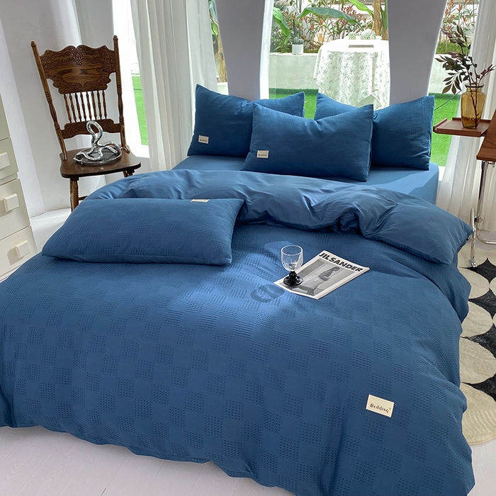 91家纺网 家纺一手货源 找家纺 澳梵家居 2023新品全棉华夫格四件套 棋格-宝石蓝