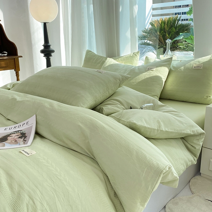 91家纺网 家纺一手货源 找家纺 澳梵家居 2023新品全棉华夫格四件套 麦穗-嫩芽绿