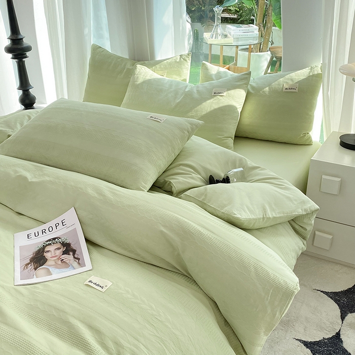 91家纺网 家纺一手货源 找家纺 澳梵家居 2023新品全棉华夫格四件套 麦穗-嫩芽绿