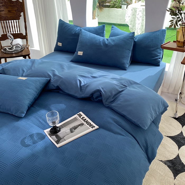 91家纺网 家纺一手货源 找家纺 澳梵家居 2023新品全棉华夫格四件套 棋格-宝石蓝