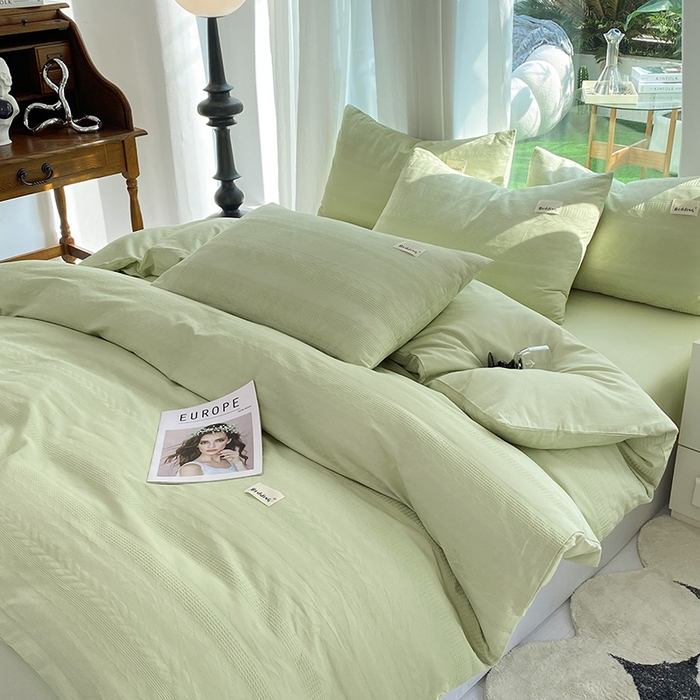 91家纺网 家纺一手货源 找家纺 澳梵家居 2023新品全棉华夫格四件套 麦穗-嫩芽绿