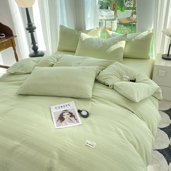 91家纺网 家纺一手货源 找家纺 澳梵家居 2023新品全棉华夫格四件套 麦穗-嫩芽绿