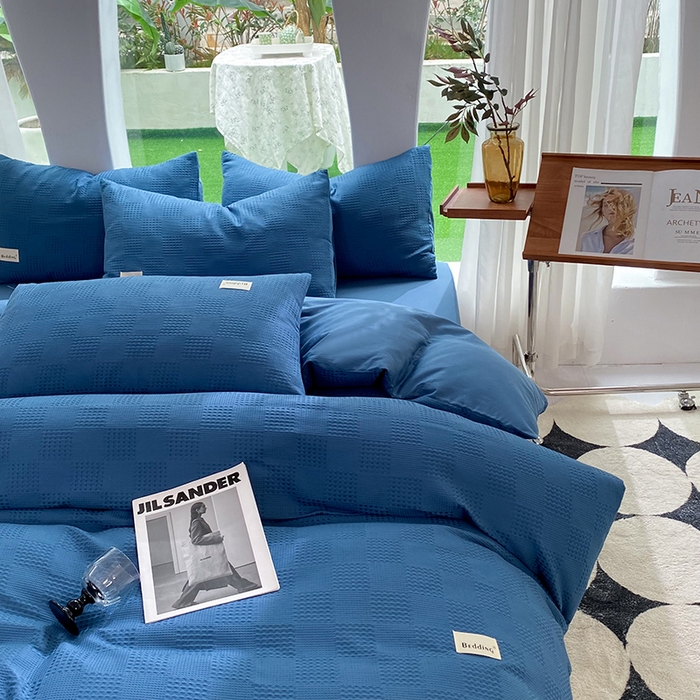 91家纺网 家纺一手货源 找家纺 澳梵家居 2023新品全棉华夫格四件套 棋格-宝石蓝