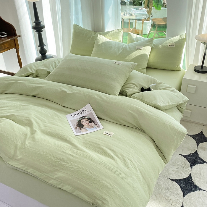 91家纺网 家纺一手货源 找家纺 澳梵家居 2023新品全棉华夫格四件套 麦穗-嫩芽绿