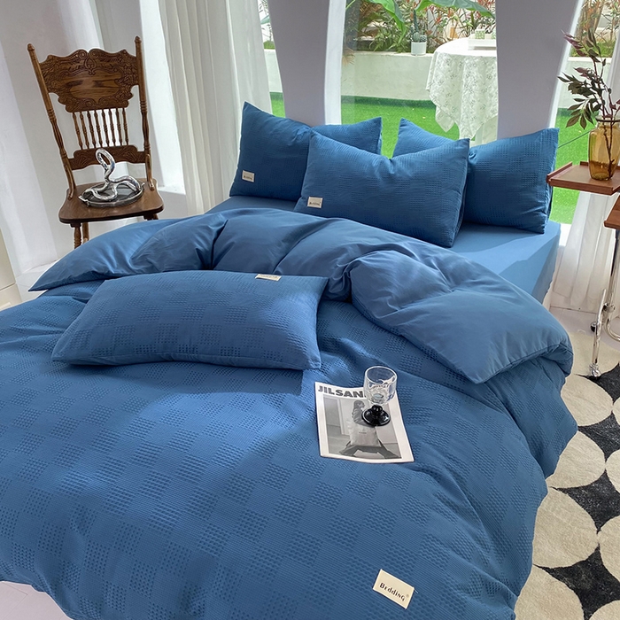 91家纺网 家纺一手货源 找家纺 澳梵家居 2023新品全棉华夫格四件套 棋格-宝石蓝