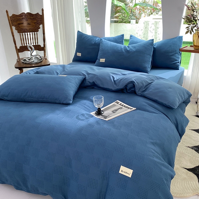 91家纺网 家纺一手货源 找家纺 澳梵家居 2023新品全棉华夫格四件套 棋格-宝石蓝