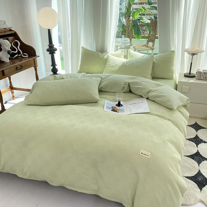 91家纺网 家纺一手货源 找家纺 澳梵家居 2023新品全棉华夫格四件套 棋格-果绿