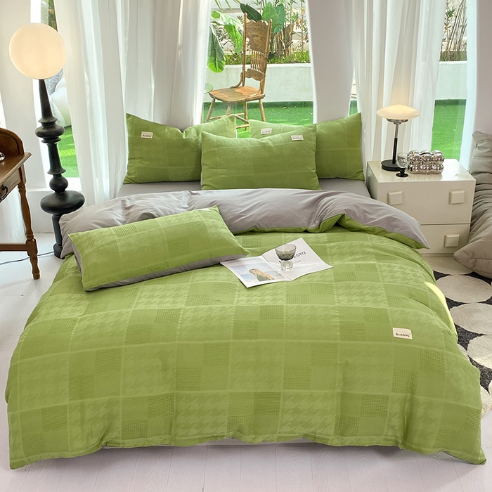 91家纺网 家纺一手货源 找家纺 澳梵家居 2023新品全棉华夫格四件套 千鸟格-果绿