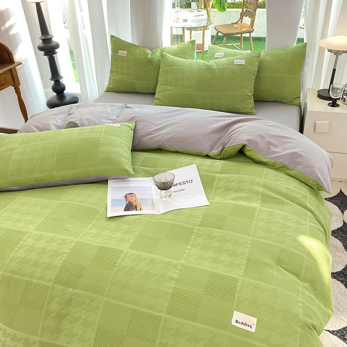 91家纺网 家纺一手货源 找家纺 澳梵家居 2023新品全棉华夫格四件套 千鸟格-果绿