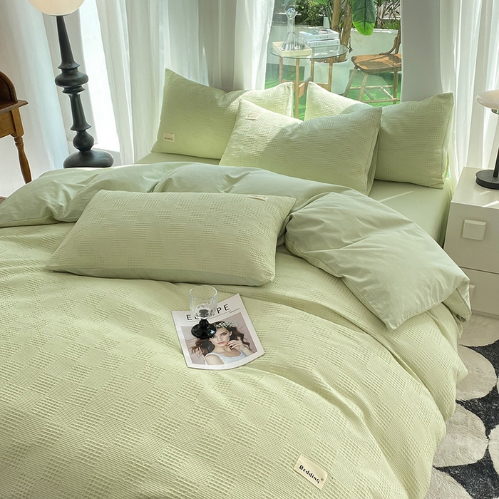 91家纺网 家纺一手货源 找家纺 澳梵家居 2023新品全棉华夫格四件套 棋格-果绿