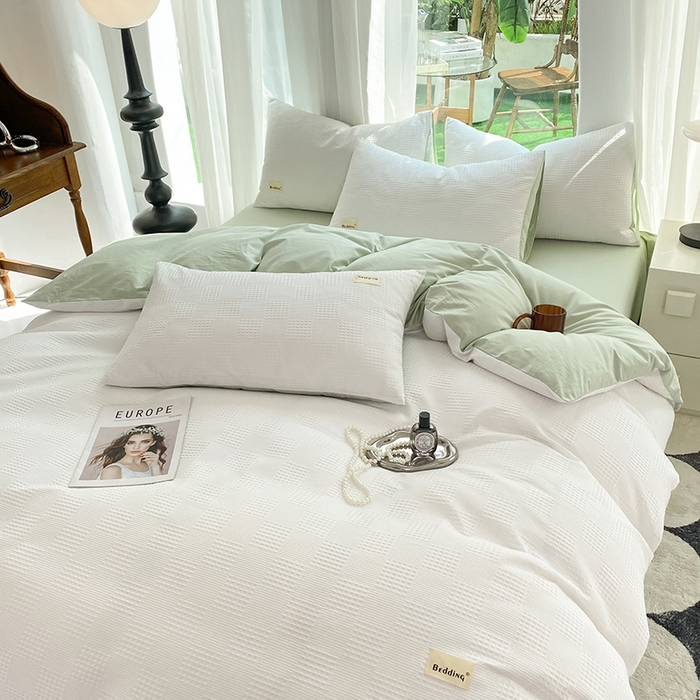 91家纺网 家纺一手货源 找家纺 澳梵家居 2023新品全棉华夫格四件套 棋格-米白绿