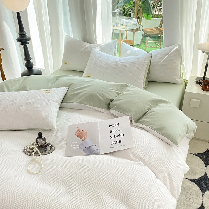 91家纺网 家纺一手货源 找家纺 澳梵家居 2023新品全棉华夫格四件套 棋格-米白绿